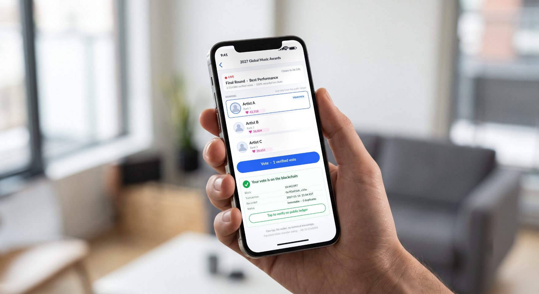 A phone showing a live competition ranking, a vote button, and a confirmation card stating the vote is recorded on the blockchain with a block number and transaction hash.